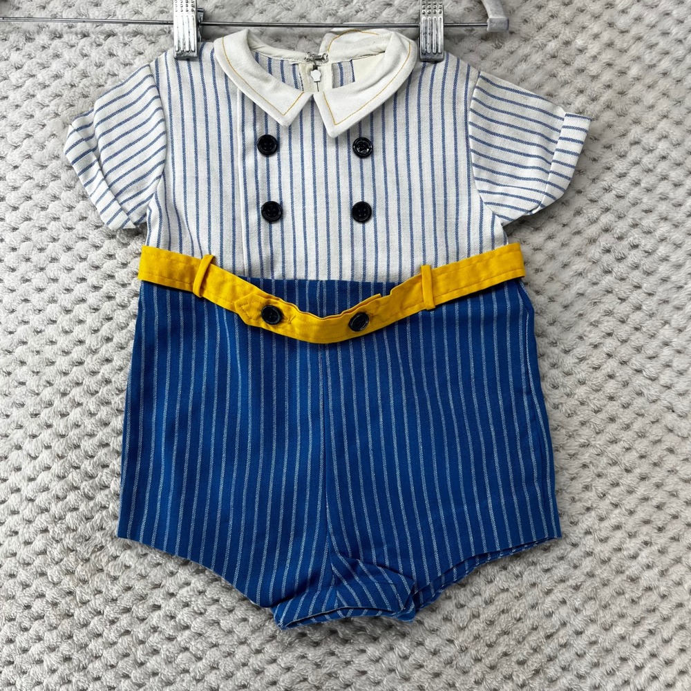 Vintage Striped Romper Sailor Yellow Belted One Piece Outfit Baby Toddler 1 Yr‎